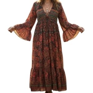 Chaudry | Renaissance Red Floral Boho Maxi Dress | Tiered Flutter Sleeve L